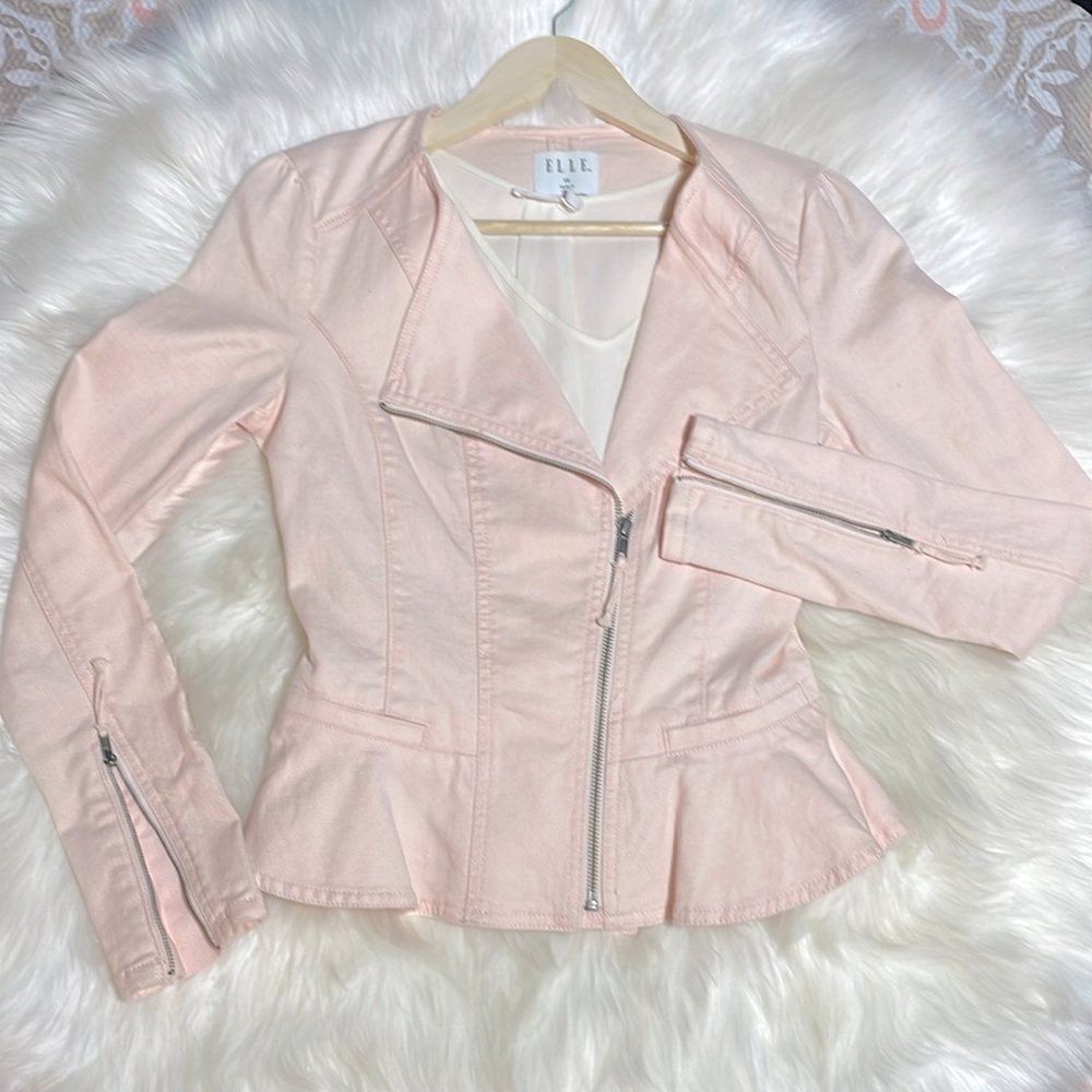 #0128 ELLE Light Pink Fitted Jean Jacket with Side Zipper & Peplum-XS